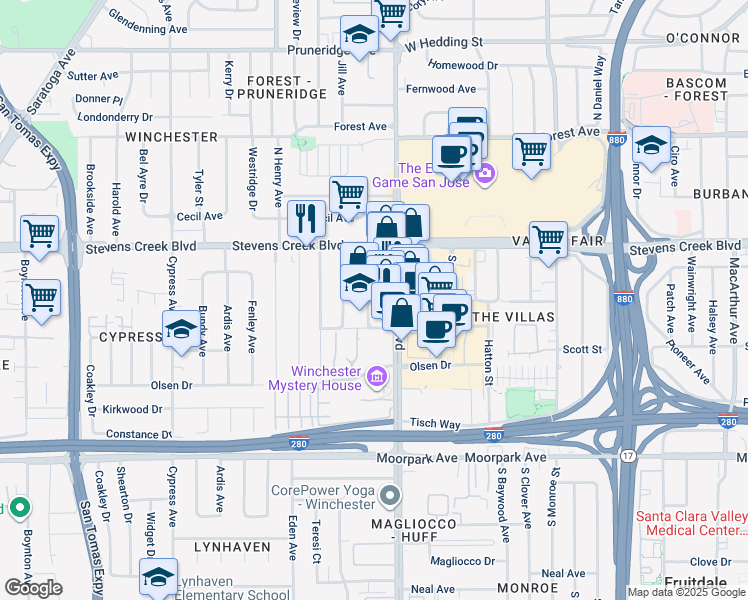 map of restaurants, bars, coffee shops, grocery stores, and more near 358 Spar Avenue in San Jose