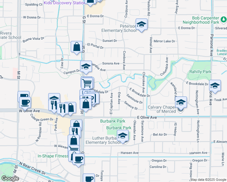 map of restaurants, bars, coffee shops, grocery stores, and more near 430 East Brookdale Drive in Merced