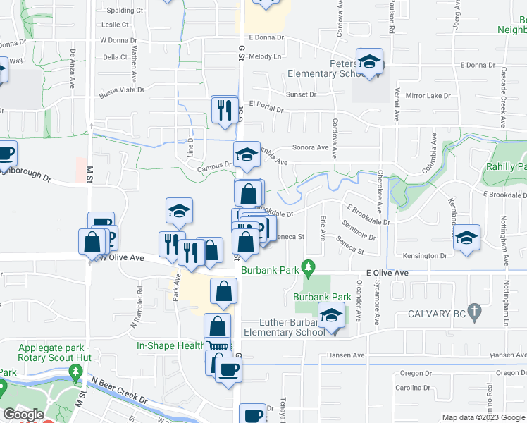 map of restaurants, bars, coffee shops, grocery stores, and more near 220 Brookdale Drive in Merced