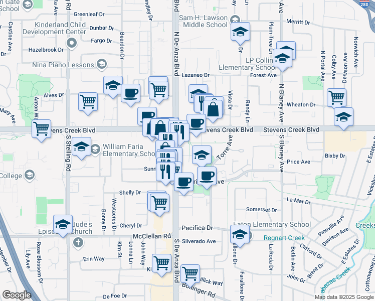 map of restaurants, bars, coffee shops, grocery stores, and more near 10050 South De Anza Boulevard in Cupertino