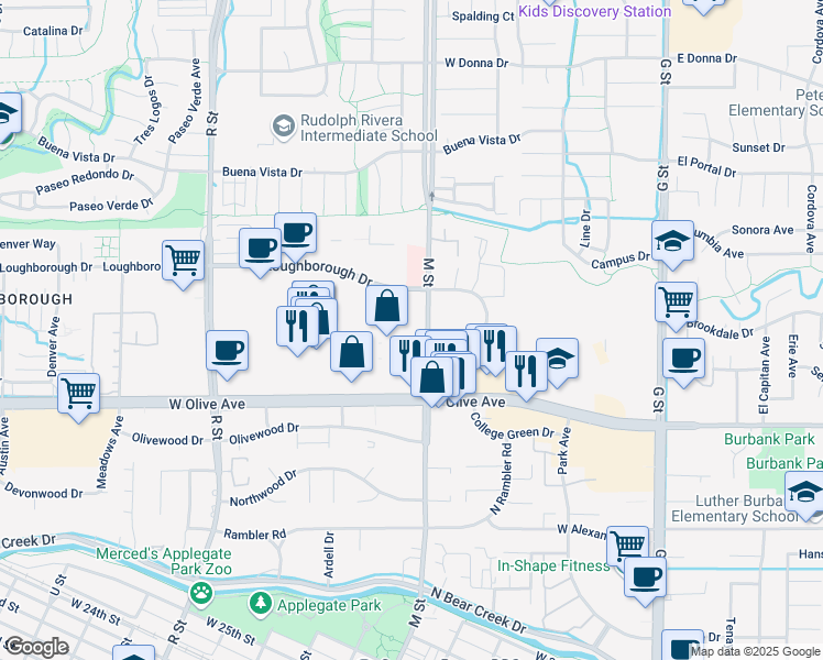 map of restaurants, bars, coffee shops, grocery stores, and more near in Merced