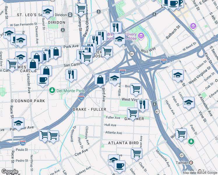 map of restaurants, bars, coffee shops, grocery stores, and more near 516 Bird Avenue in San Jose