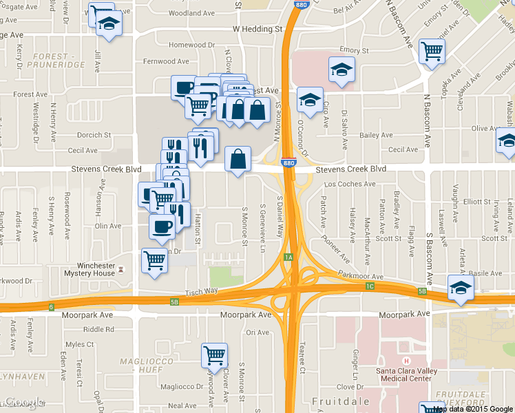map of restaurants, bars, coffee shops, grocery stores, and more near 395 South Genevieve Lane in San Jose