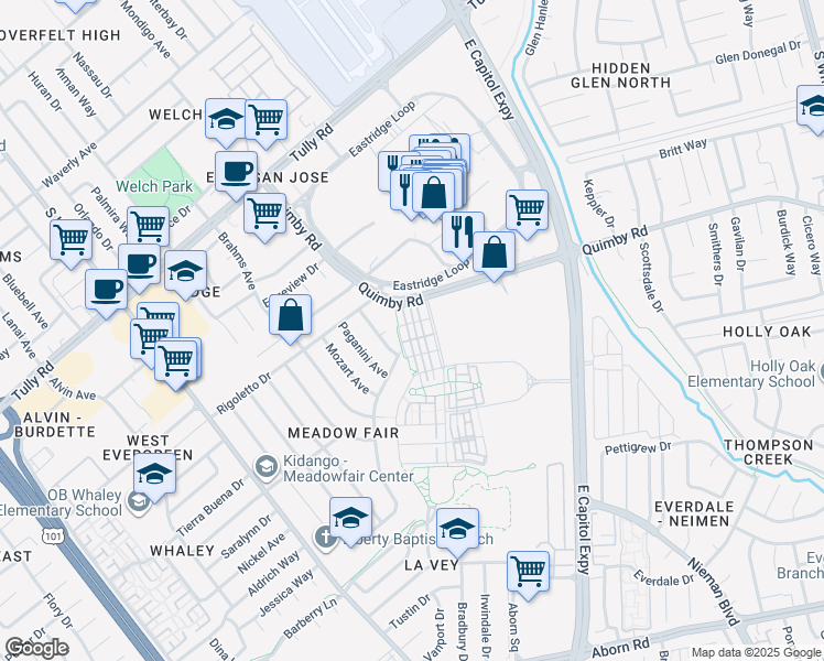 map of restaurants, bars, coffee shops, grocery stores, and more near 2154 Pastoral Loop in San Jose