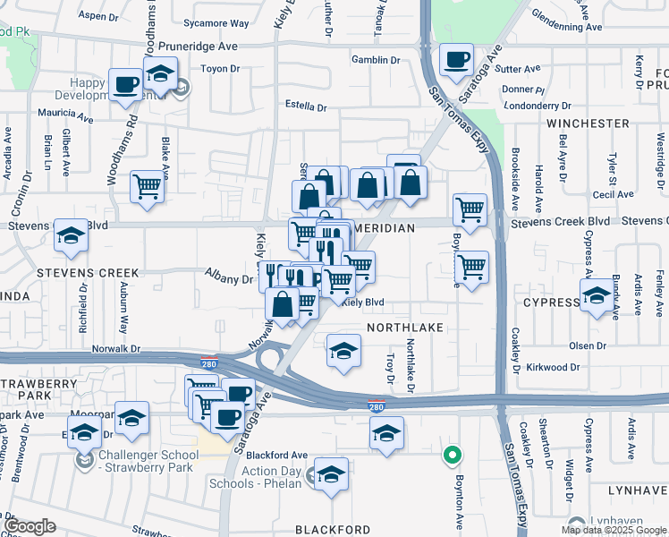 map of restaurants, bars, coffee shops, grocery stores, and more near 375 Saratoga Ave in San Jose