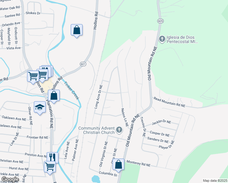 map of restaurants, bars, coffee shops, grocery stores, and more near 624 Applewood Street Northeast in Roanoke