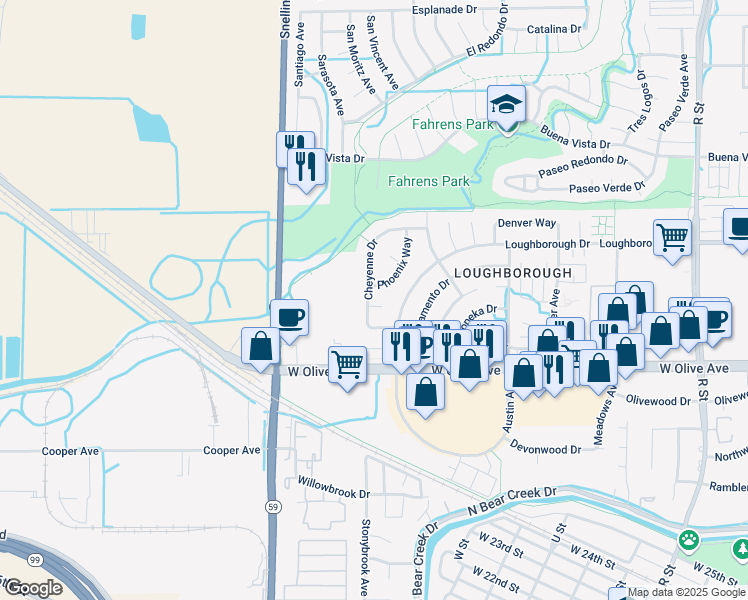 map of restaurants, bars, coffee shops, grocery stores, and more near 1849 Salem Court in Merced