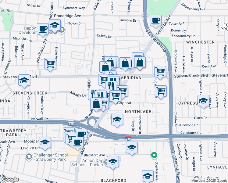 map of restaurants, bars, coffee shops, grocery stores, and more near 375 Saratoga Avenue in San Jose