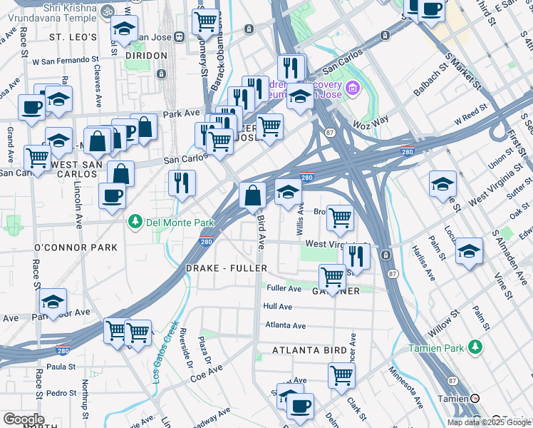 map of restaurants, bars, coffee shops, grocery stores, and more near 516 Bird Ave in San Jose