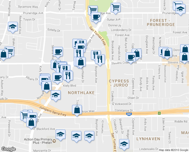 map of restaurants, bars, coffee shops, grocery stores, and more near 371 Boynton Avenue in San Jose