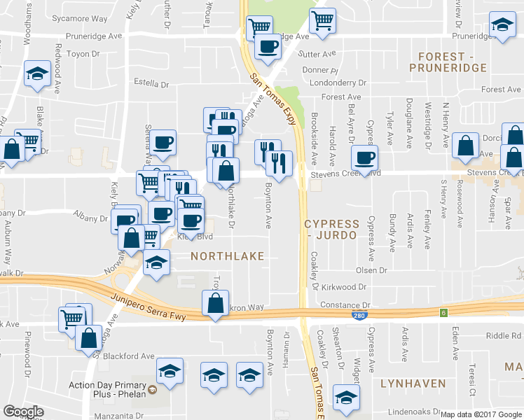 map of restaurants, bars, coffee shops, grocery stores, and more near 371 Boynton Avenue in San Jose