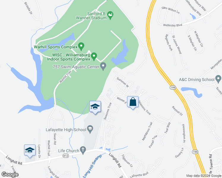map of restaurants, bars, coffee shops, grocery stores, and more near 522 Spring Trace in Williamsburg