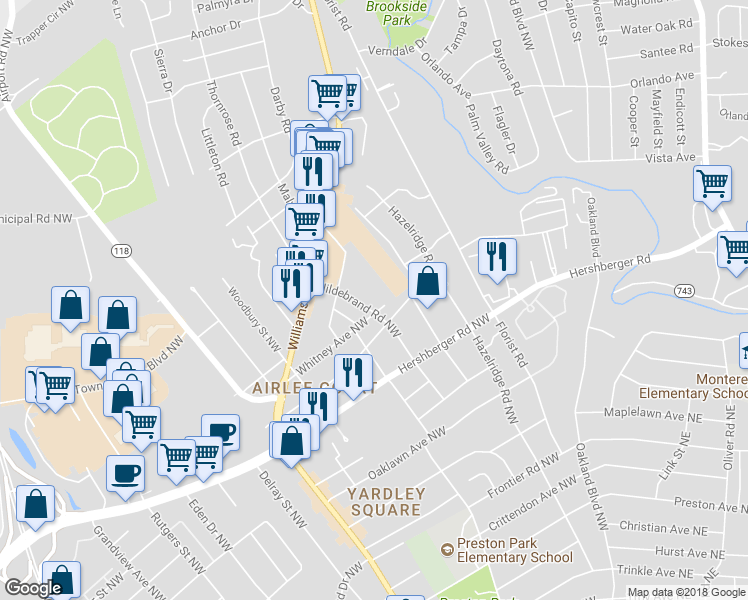 map of restaurants, bars, coffee shops, grocery stores, and more near 5105 Hildebrand Road Northwest in Roanoke