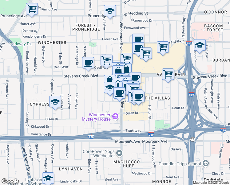 map of restaurants, bars, coffee shops, grocery stores, and more near 358 Spar Avenue in San Jose