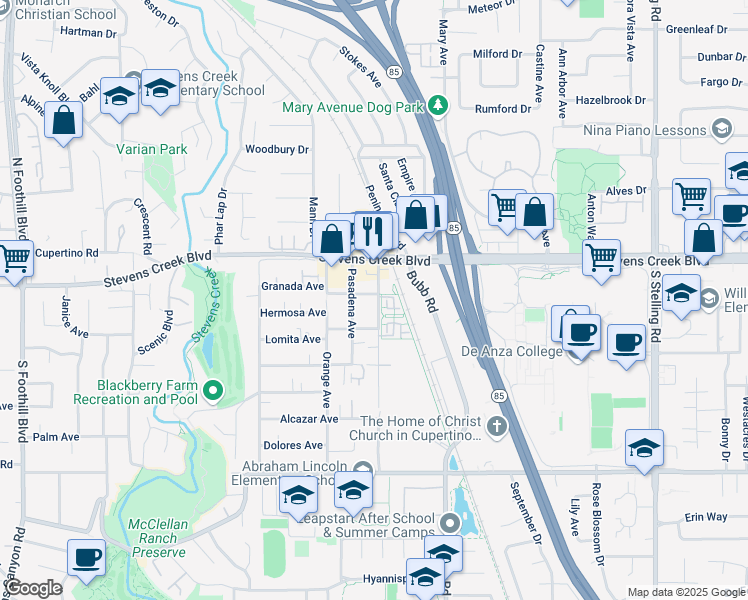 map of restaurants, bars, coffee shops, grocery stores, and more near 10101 Imperial Avenue in Cupertino