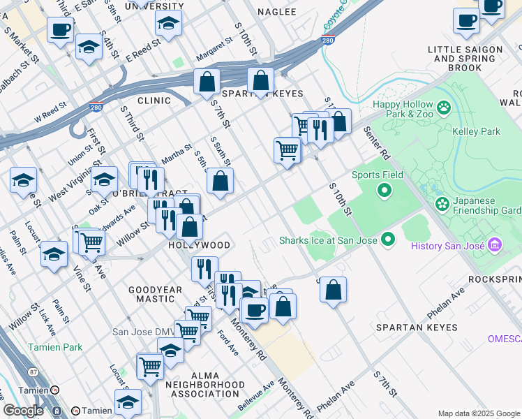 map of restaurants, bars, coffee shops, grocery stores, and more near 1168 South 6th Street in San Jose
