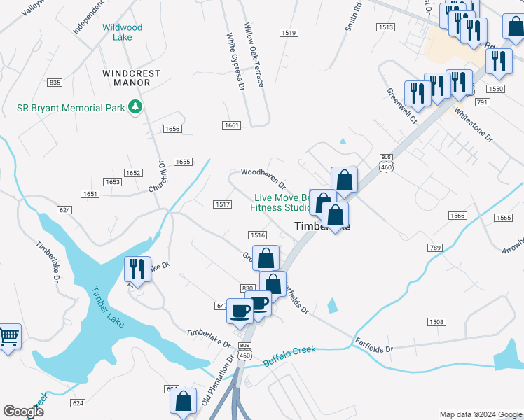 map of restaurants, bars, coffee shops, grocery stores, and more near 542 Woodhaven Drive in Forest