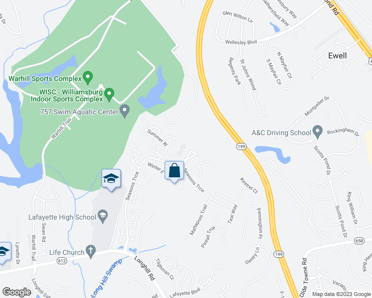 map of restaurants, bars, coffee shops, grocery stores, and more near 919 Pheasant Run in Williamsburg