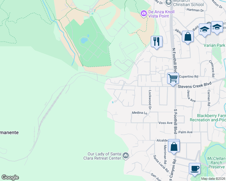 map of restaurants, bars, coffee shops, grocery stores, and more near 22936 Longdown Rd in Cupertino