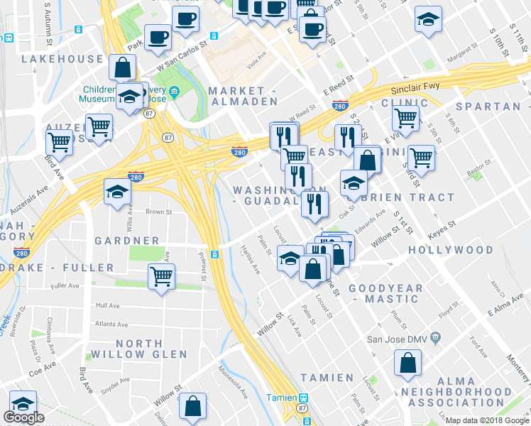 map of restaurants, bars, coffee shops, grocery stores, and more near 783 Locust Street in San Jose