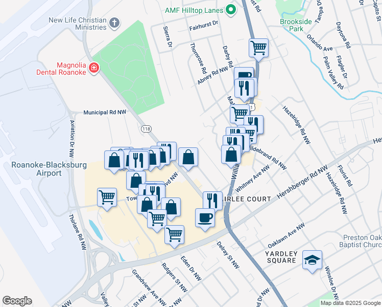 map of restaurants, bars, coffee shops, grocery stores, and more near 5317 Hearthstone Road in Roanoke