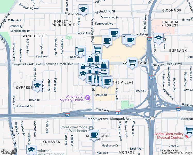 map of restaurants, bars, coffee shops, grocery stores, and more near 362-392 Winchester Boulevard in San Jose