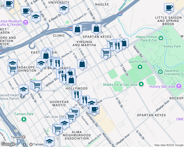 map of restaurants, bars, coffee shops, grocery stores, and more near 222 Keyes Street in San Jose