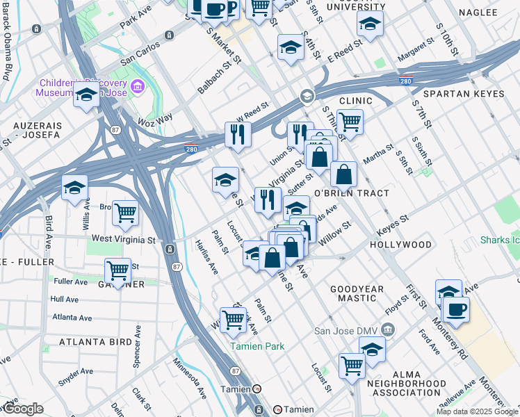 map of restaurants, bars, coffee shops, grocery stores, and more near in San Jose