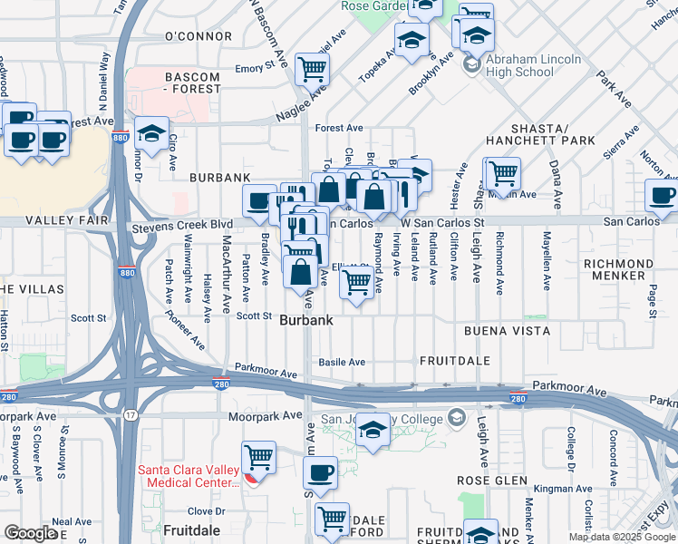 map of restaurants, bars, coffee shops, grocery stores, and more near 405 Vaughn Avenue in San Jose