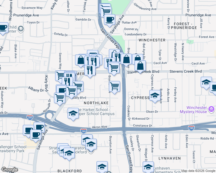 map of restaurants, bars, coffee shops, grocery stores, and more near 371 Boynton Avenue in San Jose
