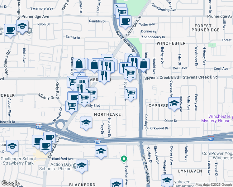 map of restaurants, bars, coffee shops, grocery stores, and more near 380 Northlake Drive in San Jose