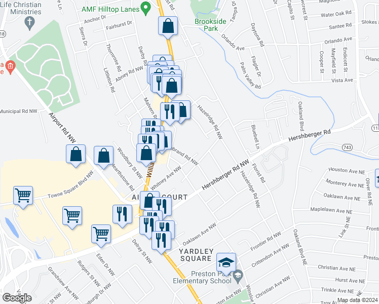 map of restaurants, bars, coffee shops, grocery stores, and more near 5105 Hildebrand Road Northwest in Roanoke