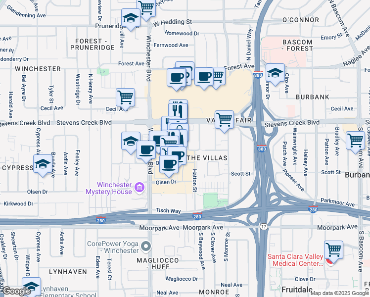 map of restaurants, bars, coffee shops, grocery stores, and more near 381 South Redwood Avenue in San Jose