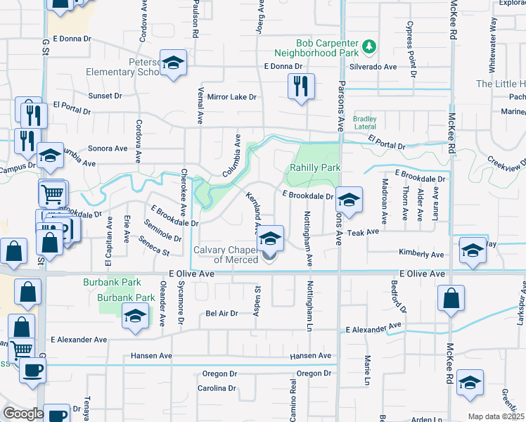 map of restaurants, bars, coffee shops, grocery stores, and more near 3210 Kernland Avenue in Merced