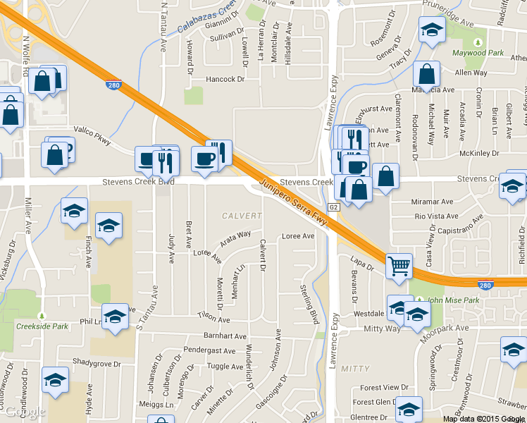 map of restaurants, bars, coffee shops, grocery stores, and more near 202 Calvert Drive in Cupertino
