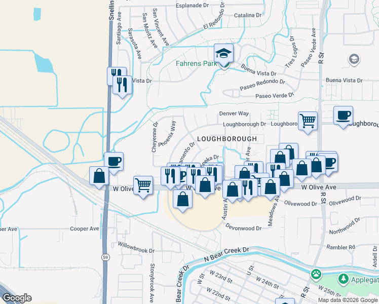 map of restaurants, bars, coffee shops, grocery stores, and more near 3258 Sacramento Drive in Merced