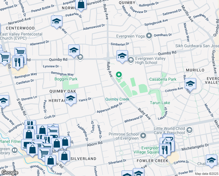 map of restaurants, bars, coffee shops, grocery stores, and more near 3234 Pinegate Way in San Jose