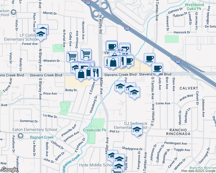 map of restaurants, bars, coffee shops, grocery stores, and more near 19460 Richwood Court in Cupertino