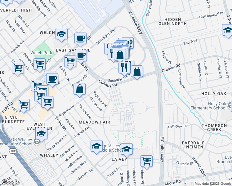 map of restaurants, bars, coffee shops, grocery stores, and more near 2166 Pastoral Loop in San Jose