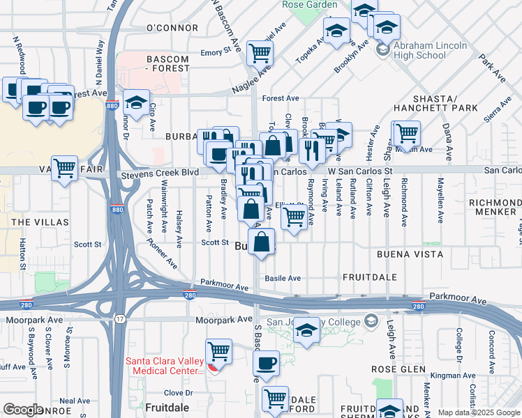 map of restaurants, bars, coffee shops, grocery stores, and more near in San Jose