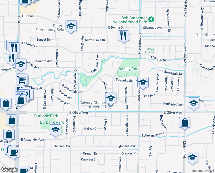 map of restaurants, bars, coffee shops, grocery stores, and more near 3210 Kernland Avenue in Merced