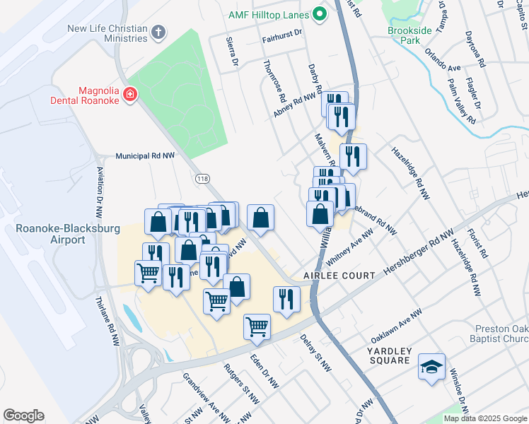 map of restaurants, bars, coffee shops, grocery stores, and more near 5317 Hearthstone Road in Roanoke