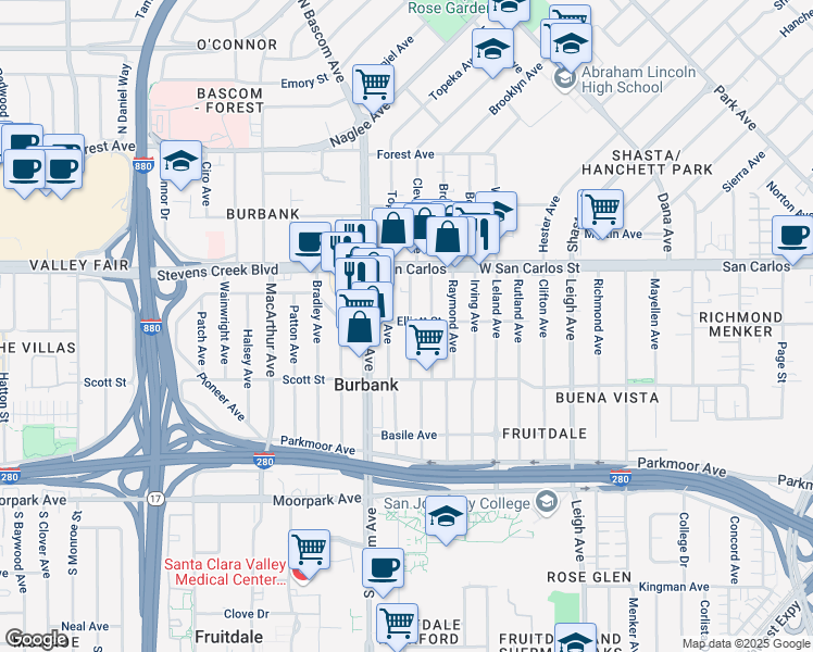 map of restaurants, bars, coffee shops, grocery stores, and more near 405 Vaughn Avenue in San Jose