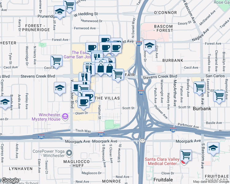map of restaurants, bars, coffee shops, grocery stores, and more near 386 S Clover Ave in San Jose