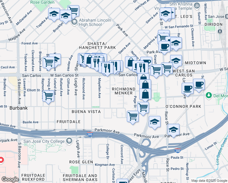 map of restaurants, bars, coffee shops, grocery stores, and more near 402 South Buena Vista Avenue in San Jose