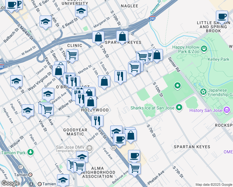 map of restaurants, bars, coffee shops, grocery stores, and more near 222 Keyes Street in San Jose