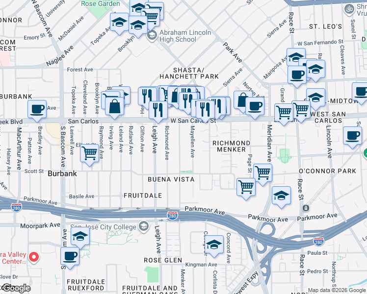 map of restaurants, bars, coffee shops, grocery stores, and more near 406 Menker Avenue in San Jose