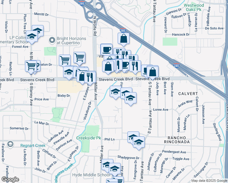 map of restaurants, bars, coffee shops, grocery stores, and more near 10100 Craft Drive in Cupertino
