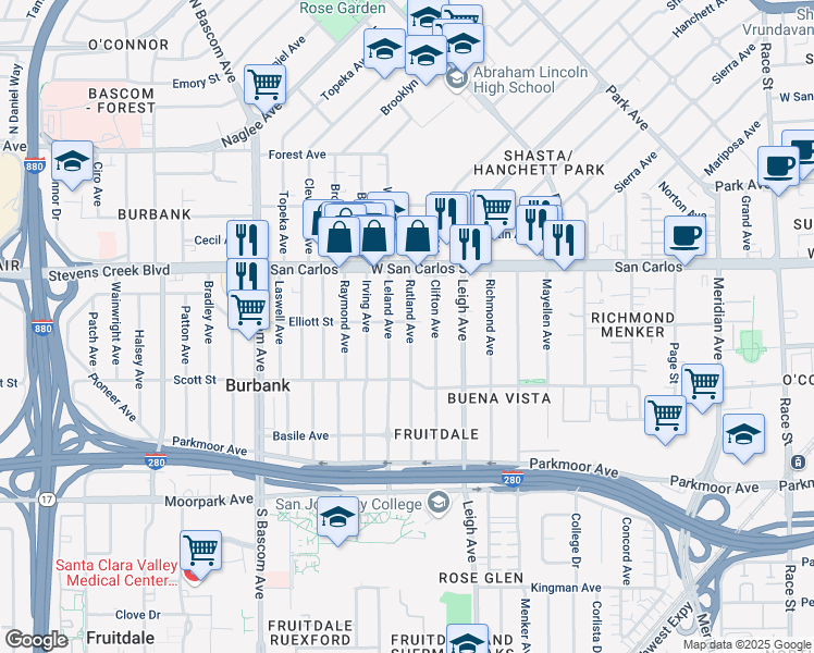 map of restaurants, bars, coffee shops, grocery stores, and more near 1910 Elliott Street in San Jose