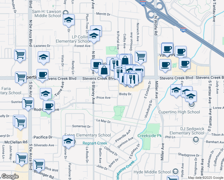 map of restaurants, bars, coffee shops, grocery stores, and more near 19968 Portal Plaza in Cupertino